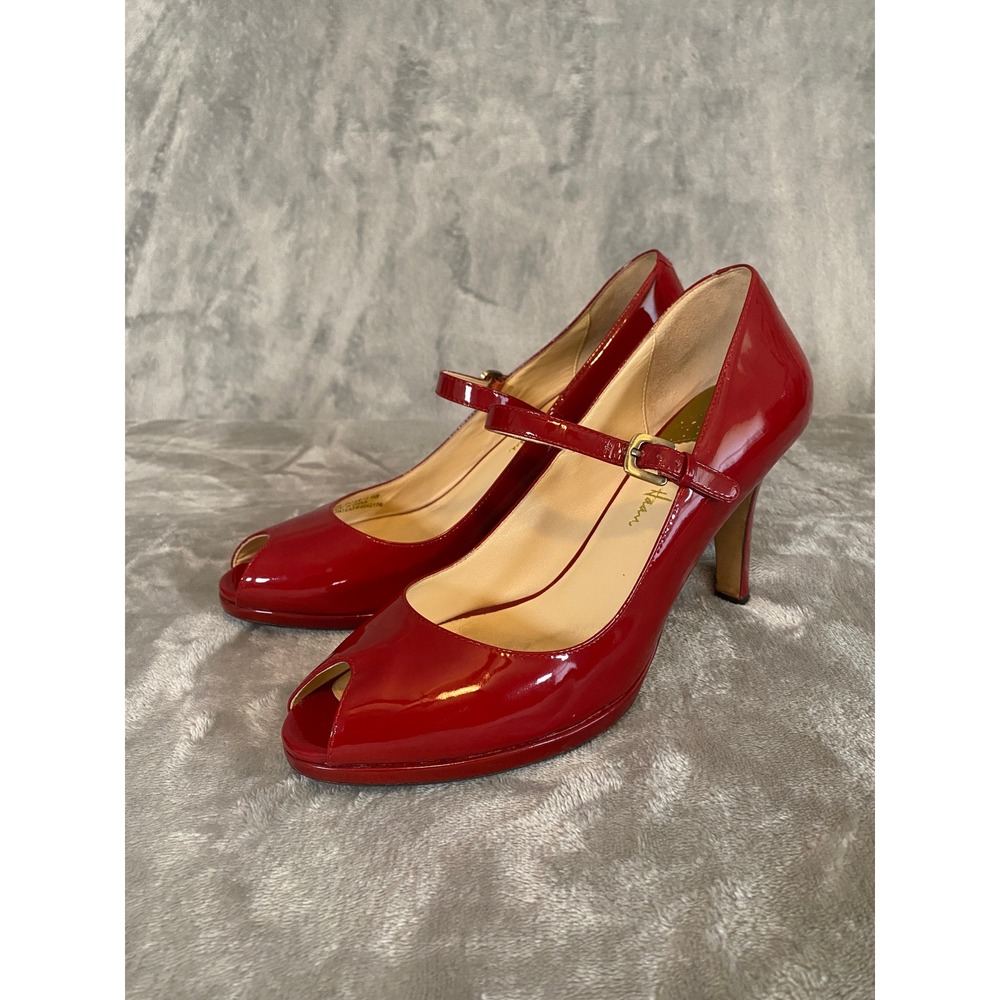 Cole Haan Nike Air Pumps Heels Sz 9B Red Peep Toe Mary Jane Patent Leather Pinup